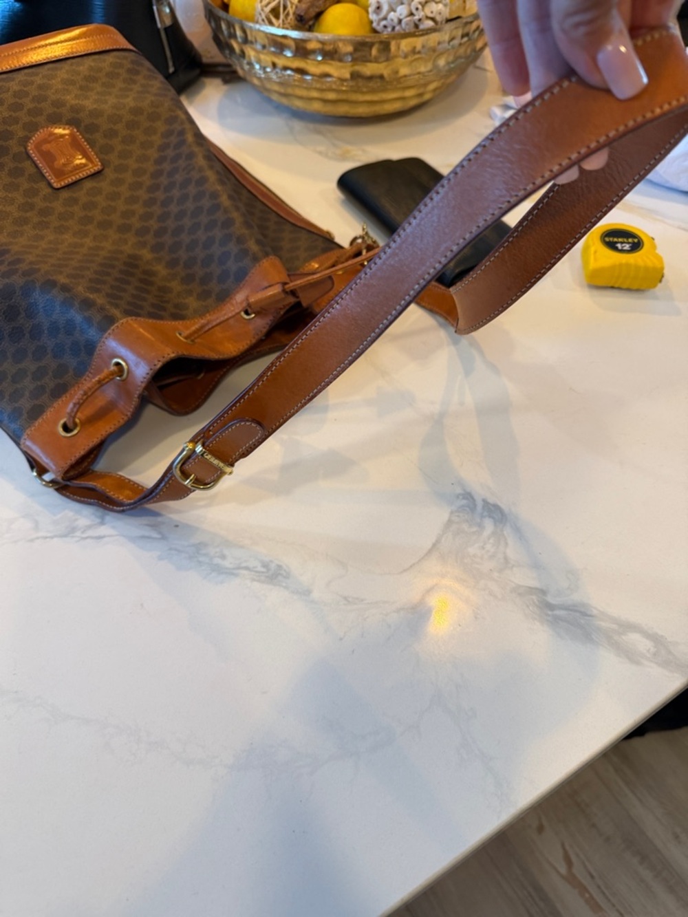 Celine Brown Monogram Leather-Trim Drawstring Bucket Bag - Picture 10 of 10